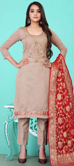 Beige and Brown color Salwar Kameez in Chanderi Silk fabric with Cut Dana, Embroidered, Moti, Resham, Thread, Zari work