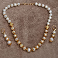 Gold Rodium Polish White and Off White color Necklace in Copper studded with Beads, Pearl