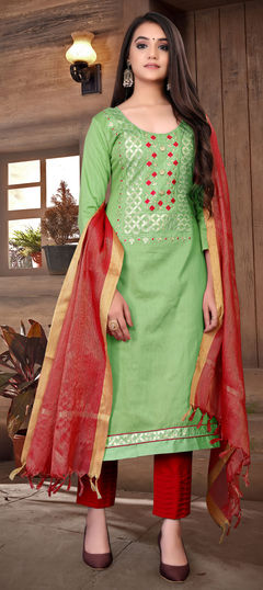Green color Salwar Kameez in Cotton fabric with Embroidered, Gota Patti, Resham, Stone, Thread work