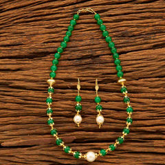Gold Rodium Polish Red and Maroon color Necklace in Copper studded with Beads, Pearl