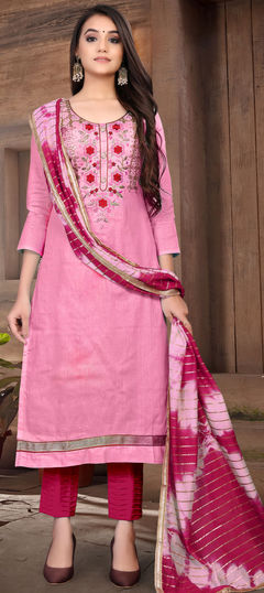 Pink and Majenta color Salwar Kameez in Cotton fabric with Embroidered, Gota Patti, Resham, Stone, Thread work