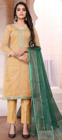 Yellow color Salwar Kameez in Chanderi Silk fabric with Stone, Thread work