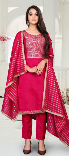 Pink and Majenta color Salwar Kameez in Chanderi Silk fabric with Stone, Thread, Zari work