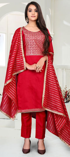 Red and Maroon color Salwar Kameez in Chanderi Silk fabric with Stone, Thread, Zari work