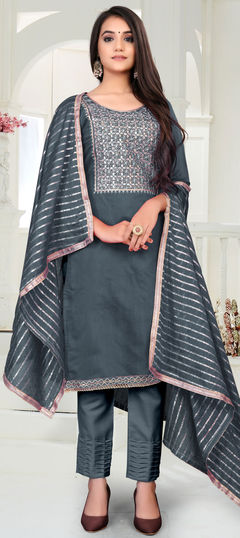 Black and Grey color Salwar Kameez in Chanderi Silk fabric with Stone, Thread, Zari work