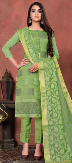 Green color Salwar Kameez in Banarasi Silk fabric with Weaving work