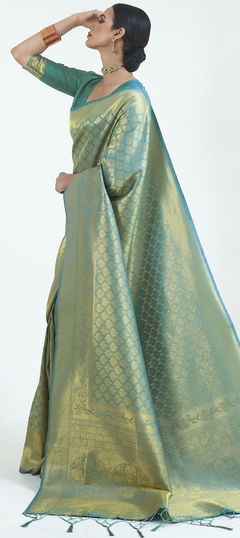 Blue, Gold color Saree in Art Silk, Silk fabric with Weaving work