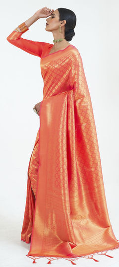 Orange color Saree in Art Silk, Silk fabric with Weaving work