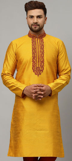 Yellow color Kurta in Dupion Silk fabric with Embroidered work