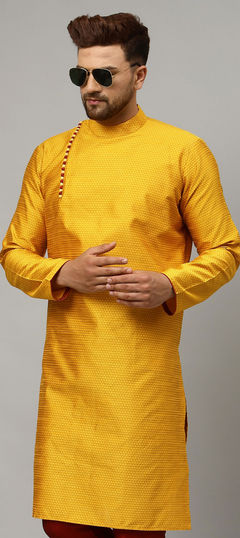 Yellow color Kurta in Dupion Silk fabric with Thread work