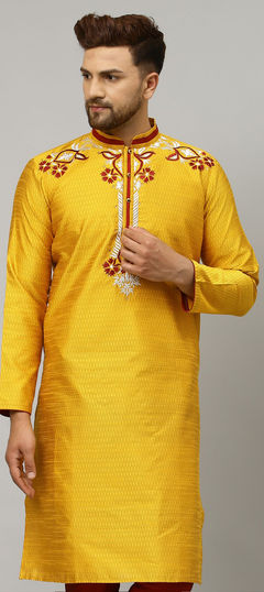 Yellow color Kurta in Dupion Silk fabric with Embroidered work