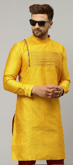 Yellow color Kurta in Dupion Silk fabric with Thread work