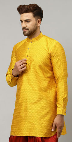 Yellow color Kurta in Dupion Silk fabric with Thread work
