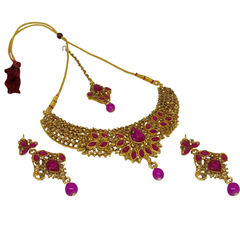 Gold Rodium Polish Pink and Majenta color Necklace in Metal Alloy studded with Austrian diamond, Pearl