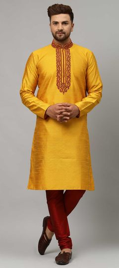 Yellow color Kurta Pyjamas in Dupion Silk fabric with Embroidered, Thread work