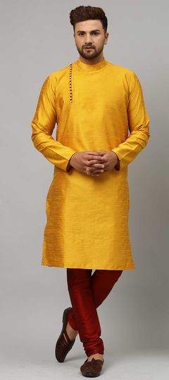 Yellow color Kurta Pyjamas in Dupion Silk fabric with Thread work