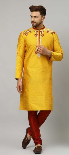 Yellow color Kurta Pyjamas in Dupion Silk fabric with Embroidered, Thread work