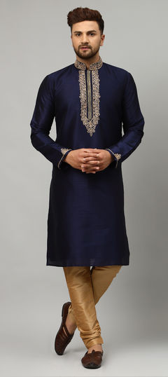 Blue color Kurta Pyjamas in Dupion Silk fabric with Embroidered, Thread work