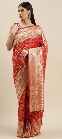 Festive, Traditional, Wedding Red and Maroon color Saree in Banarasi Silk, Silk fabric with Rajasthani, South Bandhej, Printed, Weaving work : 1730464