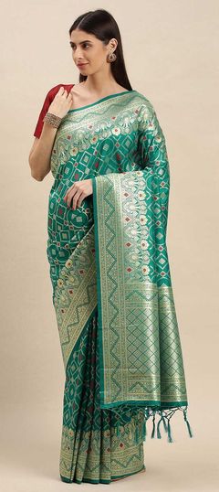 Blue color Saree in Banarasi Silk, Silk fabric with Bandhej, Printed, Weaving work