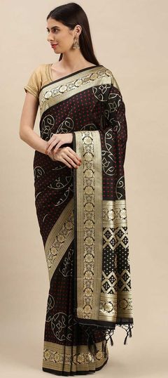 Black and Grey color Saree in Banarasi Silk, Silk fabric with Weaving work