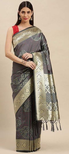 Black and Grey color Saree in Banarasi Silk, Silk fabric with Weaving work