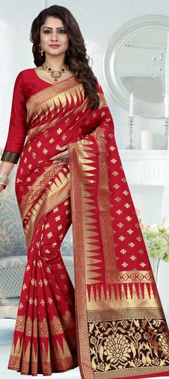 Red and Maroon color Saree in Art Silk, Silk fabric with Weaving work