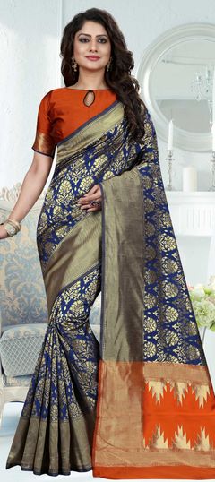 Beige and Brown, Blue color Saree in Art Silk, Silk fabric with Weaving work