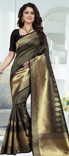 Black and Grey color Saree in Art Silk, Silk fabric with Weaving work