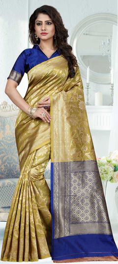 Gold color Saree in Art Silk, Silk fabric with Weaving work