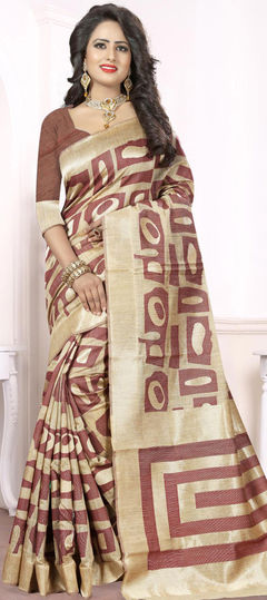 Beige and Brown color Saree in Jacquard, Silk fabric with Weaving work