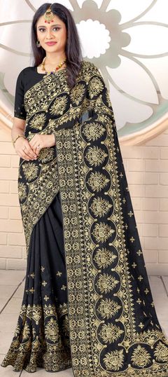 Black and Grey color Saree in Art Silk, Silk fabric with Embroidered, Stone, Thread, Zari work