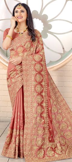 Beige and Brown color Saree in Art Silk, Silk fabric with Embroidered, Stone, Thread, Zari work