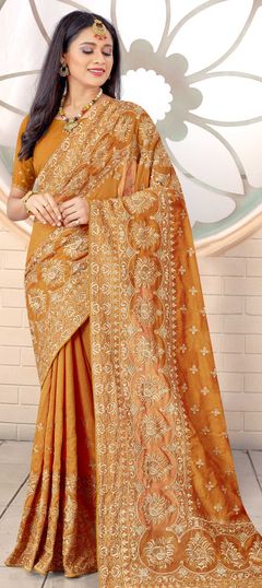 Gold color Saree in Art Silk, Silk fabric with Embroidered, Stone, Thread, Zari work