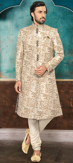Beige and Brown color Sherwani in Brocade fabric with Printed work