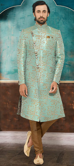 Blue color Sherwani in Brocade fabric with Printed work