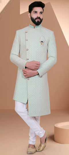 Blue color IndoWestern Dress in Jacquard fabric with Broches, Embroidered, Thread work