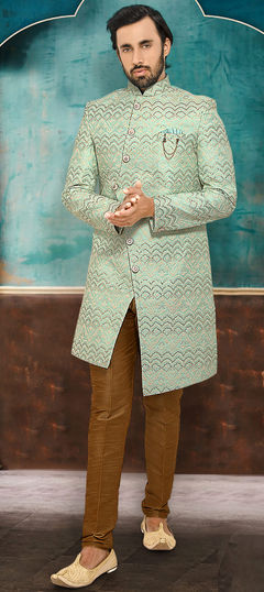 Blue color IndoWestern Dress in Jacquard fabric with Broches, Embroidered, Sequence, Thread work