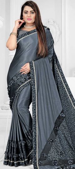 Party Wear Black and Grey color Saree in Lycra fabric with Classic, Ruffle Lace work : 1730932