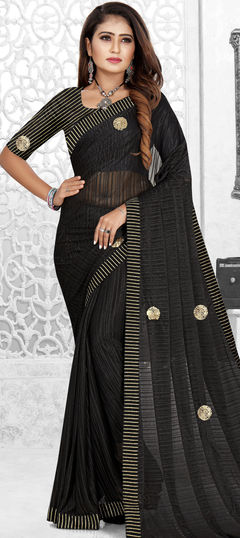 Black and Grey color Saree in Lycra fabric with Patch work