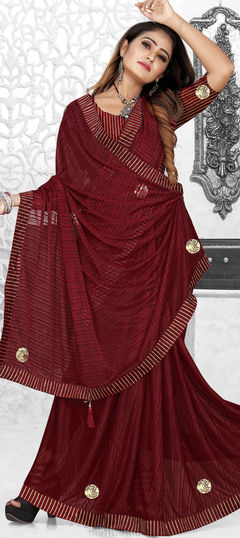 Red and Maroon color Saree in Lycra fabric with Patch work