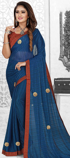 Blue color Saree in Lycra fabric with Lace, Patch work