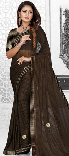 Beige and Brown color Saree in Lycra fabric with Patch work