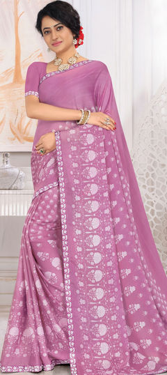 Purple and Violet color Saree in Georgette fabric with Floral, Printed work