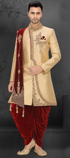 Beige and Brown color Dhoti Sherwani in Brocade fabric with Bugle Beads, Patch, Stone, Thread, Zardozi work