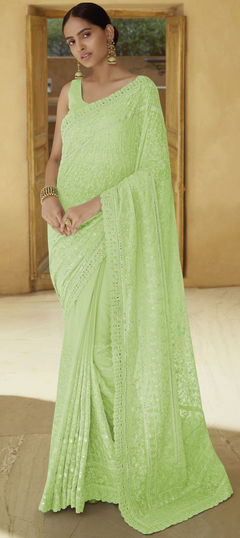 Green color Saree in Georgette fabric with Embroidered, Mirror, Resham, Sequence, Thread work