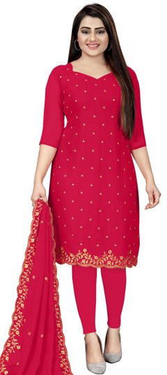 Red and Maroon color Salwar Kameez in Georgette fabric with Embroidered, Thread, Zari work