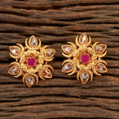 Gold Rodium Polish Red and Maroon color Earrings in Brass studded with Kundan
