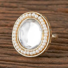 Gold Rodium Polish White and Off White color Ring in Brass studded with Beads