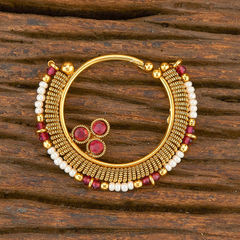 Gold Rodium Polish White and Off White color Nose Ring in Copper studded with Kundan, Pearl